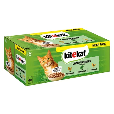 Kitekat Landpicknick in Sauce Mega Pack, 48 Beutel. Sorten: 24x Truthahn, 12x Kaninchen, 12x Geflügel. Natural Vitality, 100% komplett und ausgewogen.