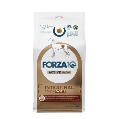 Forza10 Active VetDiet Intestinal Colon Fase 2, 4 kg, 14% dietary fibre, supporto digestivo e mantenimento condizione ottenuta nella fase 1. Made in Italy. Immagine di cane stilizzato.