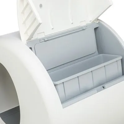 Open kunststof kattenbak met uitneembare binnenbak en scharnierend deksel, kleur wit en lichtgrijs.
