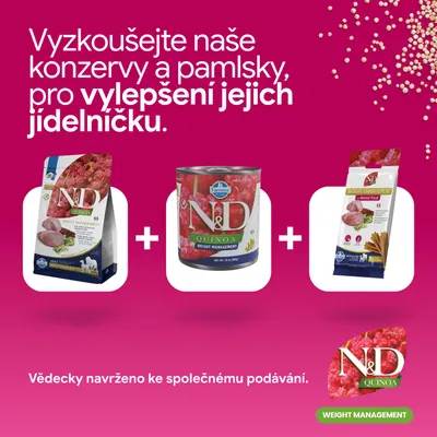 N&D Quinoa Weight Management suché krmivo, mokré krmivo a dentálna maškrta. Vedecky vyvinuté na spoločné kŕmenie. N&D Quinoa Weight Management suché krmivo, mokré krmivo a dentálna maškrta. Vedecky vyvinuté na spoločné kŕmenie.
