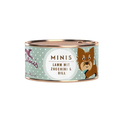 Boîte de pâtée pour chien avec texte : MINIS LAMM MIT ZUCCHINI & DILL, illustration d’un petit chien sur l’étiquette. Texte en allemand.
