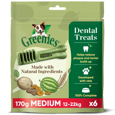 Greenies dental treats, made with natural ingredients. Helps reduce plaque and tartar build-up, developed with vets, 100% complete. 170g medium size for 12-22kg, pack of 6.