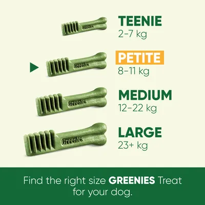 Greenies treat size guide: Teenie for 2–7 kg, Petite for 8–11 kg, Medium for 12–22 kg, Large for 23+ kg. Find the right size Greenies treat for your dog.