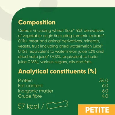 Composition: cereals, wheat flour 4%, vegetable derivatives, turmeric extract 0.1%, meat and animal derivatives, minerals, yeasts, fruit, sugars, oils, fats. Protein 34%, fat 6%, fibre 4%.