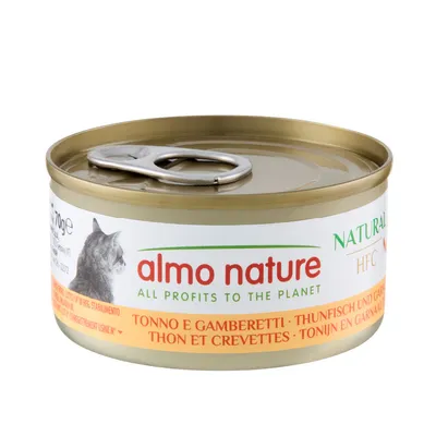 Almo Nature HFC Thunfisch und Garnelen, 70g Dose. Text: All profits to the planet.