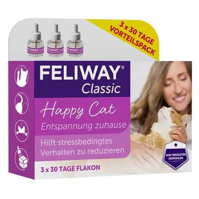 Embalagem Feliway Classic Happy Cat, 3 x 30 Tage VorteilsPack. Texto em alemão: Entspannung zuhause, Hilft stressbedingtes Verhalten zu reduzieren, Von Tierärzten empfohlen.