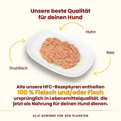 Unsere beste Qualität für deinen Hund. HFC-Rezepturen mit 100% Fleisch und/oder Fisch in Lebensmittelqualität: Thunfisch, Huhn, Reis. Jetzt als Nahrung für Hunde.
