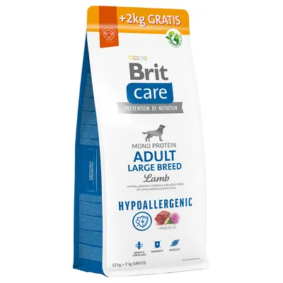 Brit Care Adult Large Breed Lamb, hypoallergenic dog food with monoprotein and probiotics for large breeds. 12 kg + 2 kg free. Supports joints, immunity and muscles.
