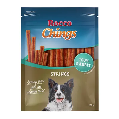 Rocco Chings Strings, 100% zec, tanke trakice s originalnim okusom, 200 g. Pakiranje prikazuje proizvod i sliku psa.