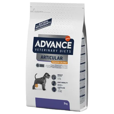 Advance Veterinary Diets Articular Reduced Calorie dog food, 3kg bag. Visible text: with natural antioxidants, weight control, joint mobility, cartilage care, affinity brand.