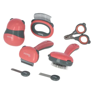 Kerbl Pet Pflege-Set mit Bürsten, Kamm, Krallenschere und Fellpflegewerkzeugen in Rot und Grau.