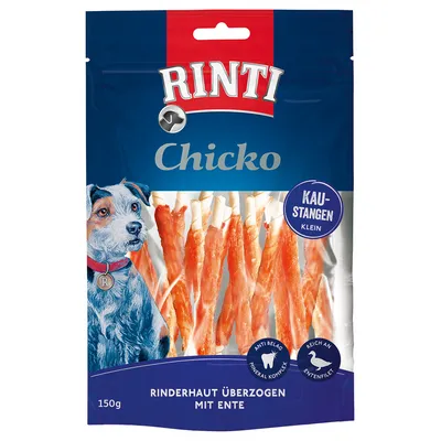 Rinti Chicko batoane de ros mic, piele de vită acoperită cu rață, 150g. Complex mineral anti-tartru, bogat în file de rață.