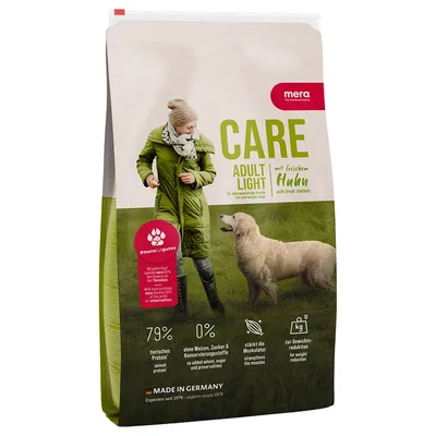 Mera Care Adult Light med färsk kyckling, för överviktiga hundar. 79 % animaliskt protein, utan vete, socker och konserveringsmedel, stärker muskulaturen, Made in Germany.