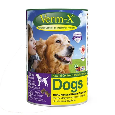 Boîte Verm-X pour chiens, contrôle naturel de l’hygiène intestinale, 100 % naturel, croquettes aux herbes, texte en anglais : Natural Control & Daily Protection, Veterinary Approved Canine.