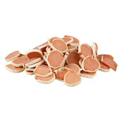 Snack rotondi con ripieno rosa e bordo bianco, impilati su sfondo bianco.