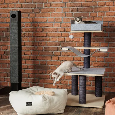 Árbol rascador de varios niveles, hamaca y juguete. Cama para gatos de tela con logo Modern Living. Poste rascador de sisal negro.