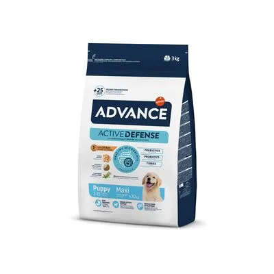 ADVANCE Active Defense Puppy Maxi hondenvoer, 3 kg zak. Tekst: prebiotica, vezels, Puppy Maxi >30kg, afbeelding van een hond op de verpakking.