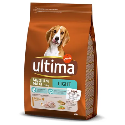 Ultima Medium Maxi Light karma dla psów, 3 kg, z kurczakiem, pełnoziarnistymi zbożami i warzywami, bez sztucznych dodatków ani konserwantów.