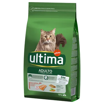 Paquet de croquettes pour chat Ultima Adulto 1–10 ans, saumon et légumes, 1,5 kg. Texte visible : sans sucres ajoutés, colorants ni conservateurs. Marque affinity.