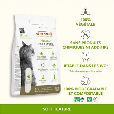 almo nature Natural Cat Litter, 100 % végétale, sans produits chimiques ni additifs, jetable dans les WC, 100 % biodégradable et compostable, sac de 4,54 kg, soft texture