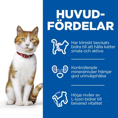 HUVUDFÖRDELAR: Har kliniskt bevisats bidra till att hålla katter smala och aktiva. Kontrollerade mineralnivåer främjar god urinvägshälsa. Höga nivåer av L-lysin bidrar till bevarad vitalitet.