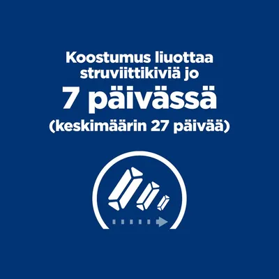 Koostumus liuottaa struviittikiviä jo 7 päivässä (keskimäärin 27 päivää). Kuvassa pieneneviä kiteitä ja nuoli.