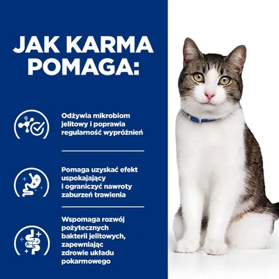 Jak karma pomaga: Odżywia mikrobiom jelitowy, poprawia regularność wypróżnień, efekt uspokajający, ogranicza nawroty zaburzeń trawienia, wspiera zdrowie układu pokarmowego kota.