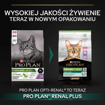 Zmiana opakowania karmy Purina Pro Plan dla kotów sterylizowanych: z Opti-Renal na Renal Plus. Widoczne oba opakowania, tekst: Wysokiej jakości żywienie teraz w nowym opakowaniu.