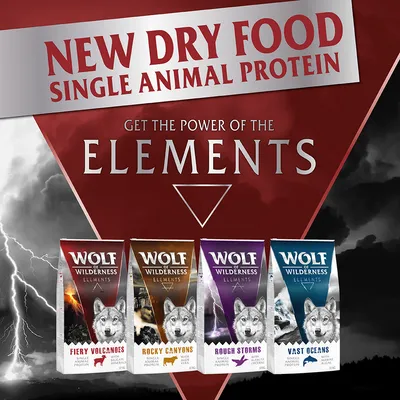 Wolf of Wilderness Elements száraz kutyatáp: Fiery Volcanoes, Rocky Canyons, Rough Storms, Vast Oceans. Single animal protein. Új termék, négyféle változatban.