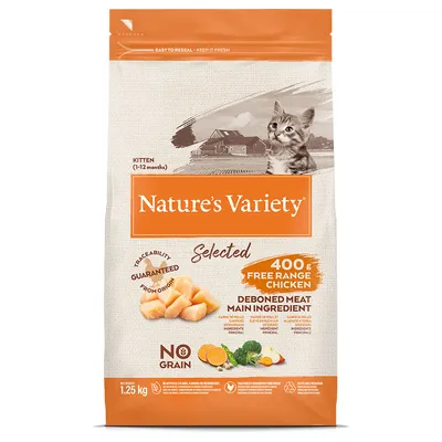 Nature's Variety Selected Kitten (1-12 mesi), 400g pollo allevato all'aperto, carne disossata come ingrediente principale, senza cereali, confezione da 1,25kg. Tracciabilità garantita.