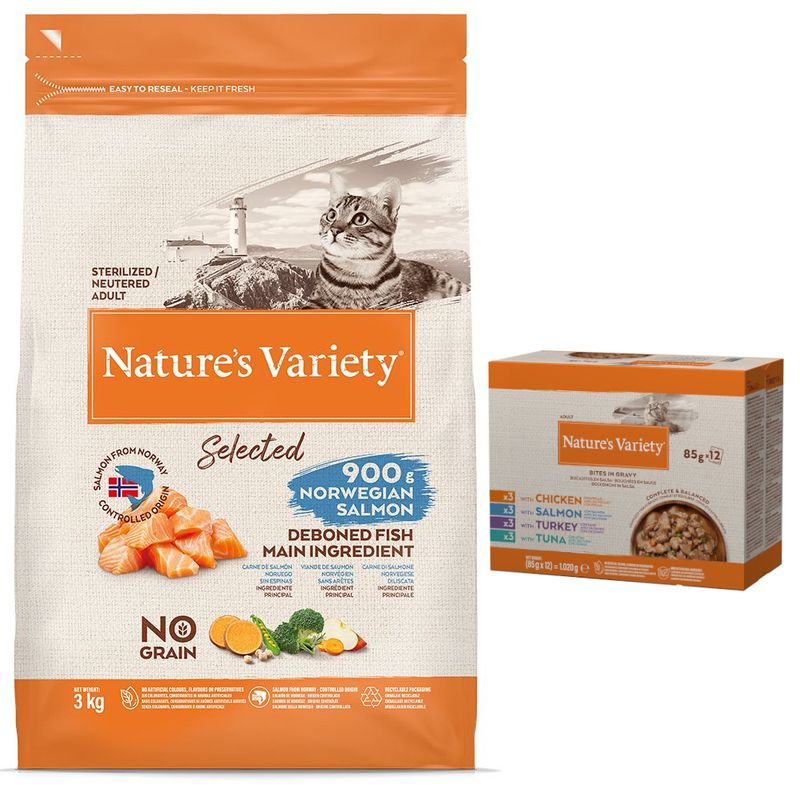 Nature's Variety: сухой корм для кошек, 3 кг + Bites в соусе, 12 x 85 г в подарок!