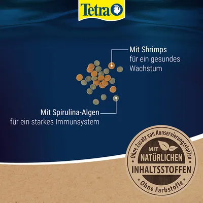 Tetra. Mit Shrimps für gesundes Wachstum, mit Spirulina-Algen für starkes Immunsystem. Ohne Zusatz von Konservierungsstoffen, ohne Farbstoffe, mit natürlichen Inhaltsstoffen.