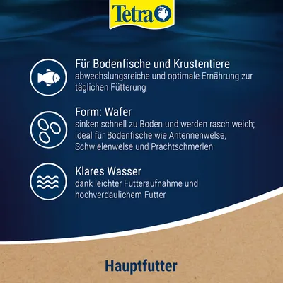 Tetra Hauptfutter für Bodenfische und Krustentiere. Form: Wafer, sinken schnell zu Boden, ideal für Antennenwelse, Schwielenwelse, Prachtschmerlen. Klares Wasser durch hochverdauliches Futter.