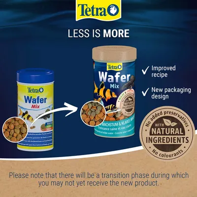 Tetra Wafer Mix s novým designem obalu a vylepšenou recepturou, obsahuje přírodní ingredience, bez doplňkových látek nebo barviv. Upozornění na přechodné období při změně produktu.