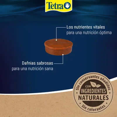 Producto Tetra con indicación de nutrientes esenciales y sabrosas daphnias para una alimentación saludable. Contiene ingredientes naturales, sin conservantes ni colorantes. Producto Tetra con indicación de nutrientes esenciales y sabrosas daphnias para una alimentación saludable. Contiene ingredientes naturales, sin conservantes ni colorantes.