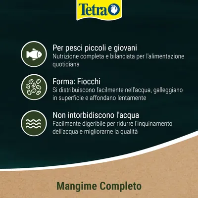 Tetra. Per pesci piccoli e giovani, alimentazione completa ed equilibrata. In forma di fiocchi, si distribuisce facilmente nell'acqua. Non intorbidisce l'acqua, facilmente digeribile.