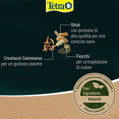 Tetra. Stick con proteine di alta qualità, crostacei Gammarus per un gustoso piacere, fiocchi per un'esplosione di colore. Senza conservanti aggiunti, con ingredienti naturali, senza coloranti.