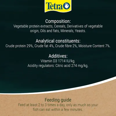 Tetra. Composition: vegetable protein extracts, cereals, derivatives of vegetable origin, oils and fats, minerals, yeasts. Protein 29%, fat 4%, fibre 2%, moisture 7%. Feeding guide shown.