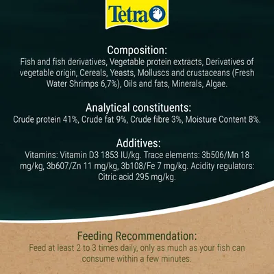 Tetra. Composition: Fish, vegetable proteins, crustaceans 6.7%. Analytical constituents: protein 41%, fat 9%, fibre 3%, moisture 8%. Feeding recommendation: 2-3 times daily.