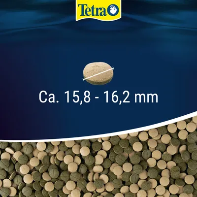 Tetra tabletten met een diameter van ca. 15,8 tot 16,2 mm, een enkele tablet met maatvermelding afgebeeld. Tetra tabletten met een diameter van ca. 15,8 tot 16,2 mm, een enkele tablet met maatvermelding afgebeeld.