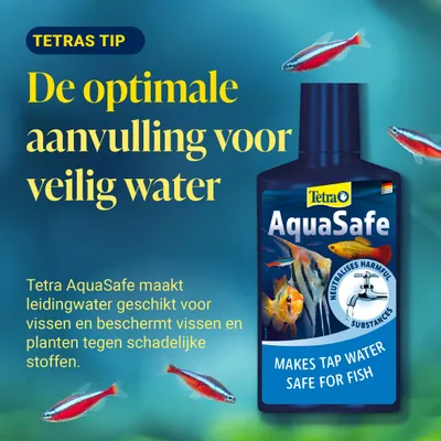 Tetra AquaSafe maakt leidingwater veilig voor vissen en beschermt zowel vissen als planten tegen schadelijke stoffen. De optimale aanvulling voor veilig water. Tetra AquaSafe maakt leidingwater veilig voor vissen en beschermt zowel vissen als planten tegen schadelijke stoffen. De optimale aanvulling voor veilig water.