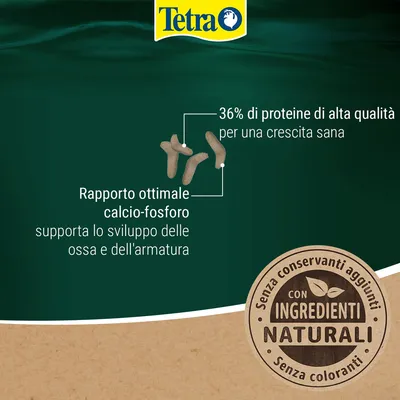 Tetra. 36% di proteine di alta qualità per una crescita sana. Rapporto ottimale calcio-fosforo supporta lo sviluppo delle ossa e dell'armatura. Con ingredienti naturali, senza conservanti aggiunti, senza coloranti.