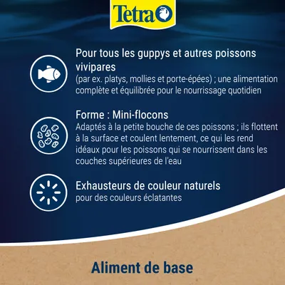 Tetra : Pour les guppys et autres poissons vivipares, mini-flocons, colorants naturels pour des couleurs éclatantes. Aliment de base. Tetra : Pour les guppys et autres poissons vivipares, mini-flocons, colorants naturels pour des couleurs éclatantes. Aliment de base.