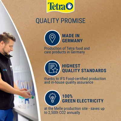 Tetra – Quality Promise: Made in Germany, Highest Quality Standards vďaka IFS Food certifikácii, 100 % zelená elektrina, úspora až 2 500 t CO2 ročne vo výrobe Melle. Text v angličtine.