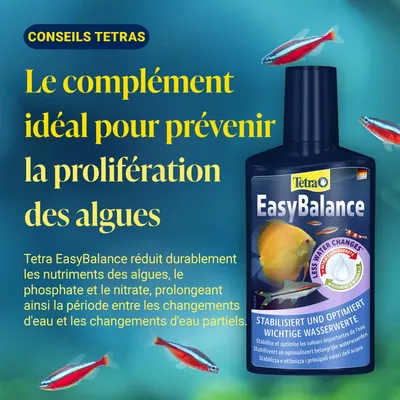 Tetra EasyBalance stabilise et optimise les paramètres de l'eau, réduit les nutriments favorisant les algues, prolonge l'intervalle entre les changements d'eau. Idéal pour prévenir la croissance des algues. Tetra EasyBalance stabilise et optimise les paramètres de l'eau, réduit les nutriments favorisant les algues, prolonge l'intervalle entre les changements d'eau. Idéal pour prévenir la croissance des algues.