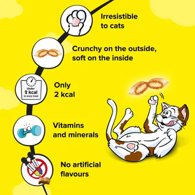Product features: irresistible to cats, crunchy outside and soft inside, only 2 kcal per treat, contains vitamins and minerals, no artificial flavours.