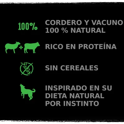 100 % cordero y vacuno 100 % natural, rico en proteína, sin cereales, inspirado en su dieta natural por instinto.