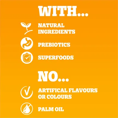 Contains natural ingredients, prebiotics and superfoods. Free from artificial flavours or colours and palm oil.