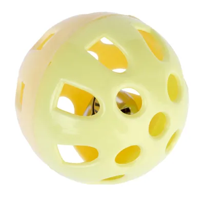 Yellow plastic ball with holes and a small bell inside, suitable as a toy.