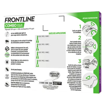 Frontline Combo Spot-On Chien L, instructions d’application en 3 étapes illustrées, tableau pour dates des applications, informations sur la protection contre puces, tiques et poux broyeurs.